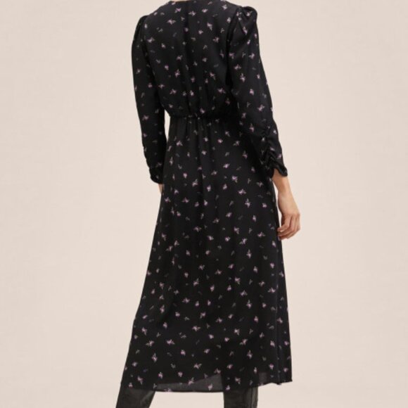 Mango Black Floral Print Long Dress, 3/4 sleeves size L - Picture 2 of 4